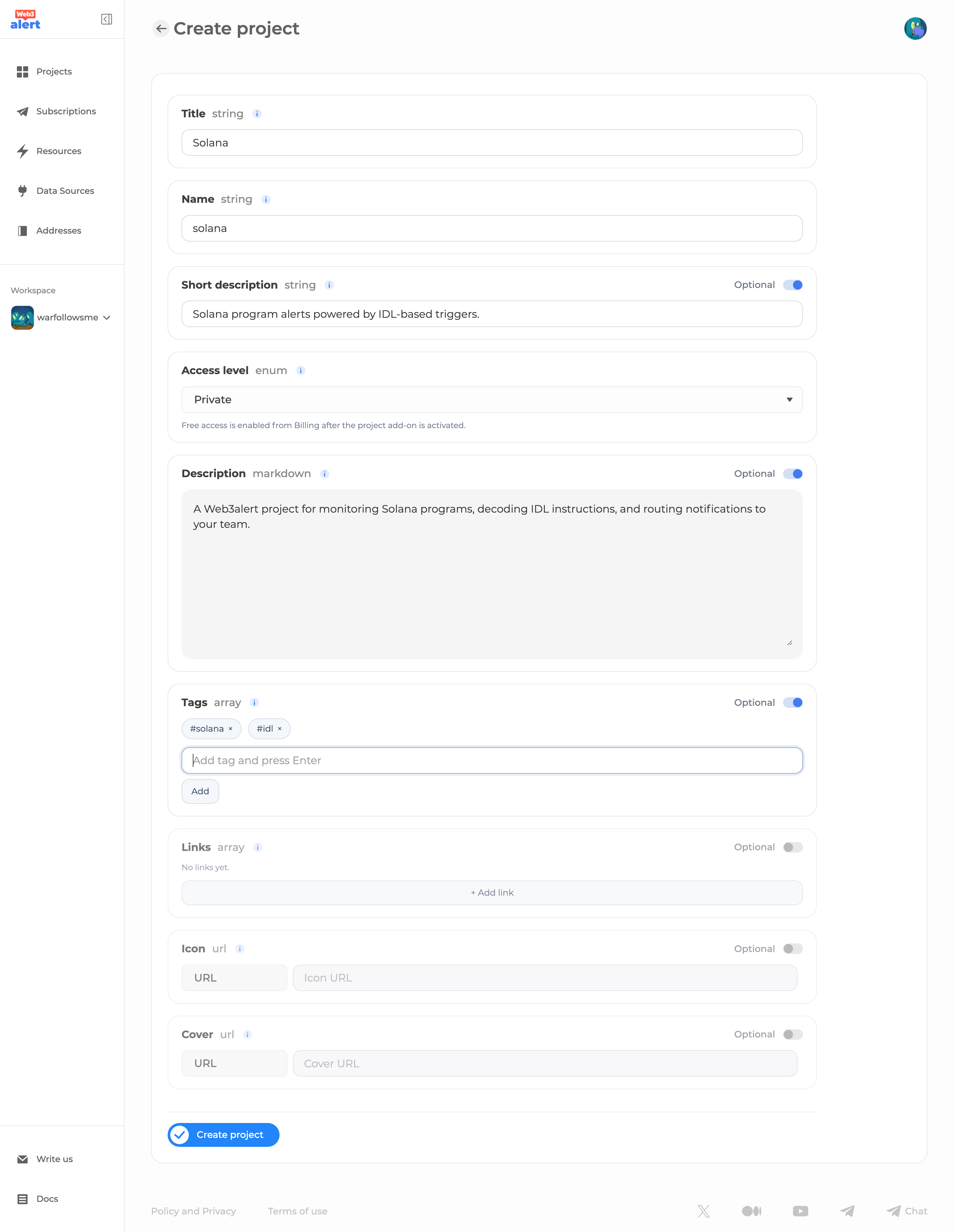 Project creation form