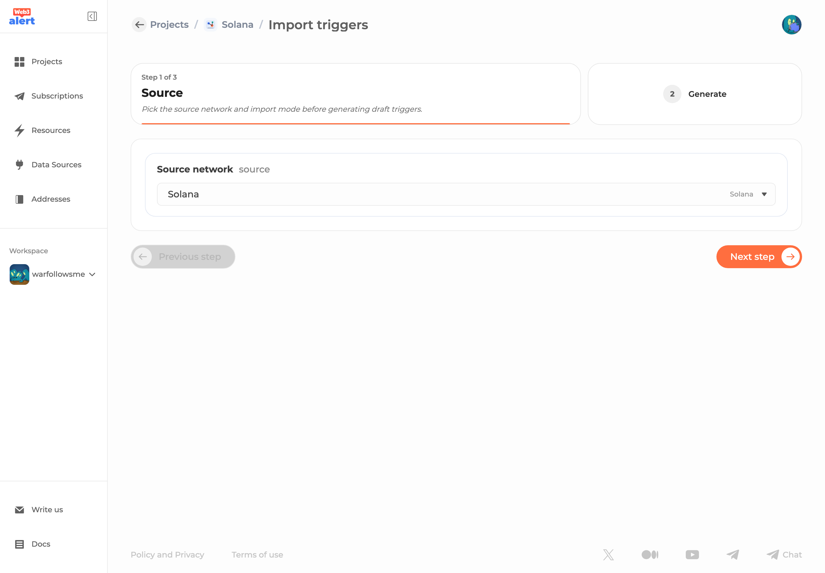 Solana source selected in import wizard