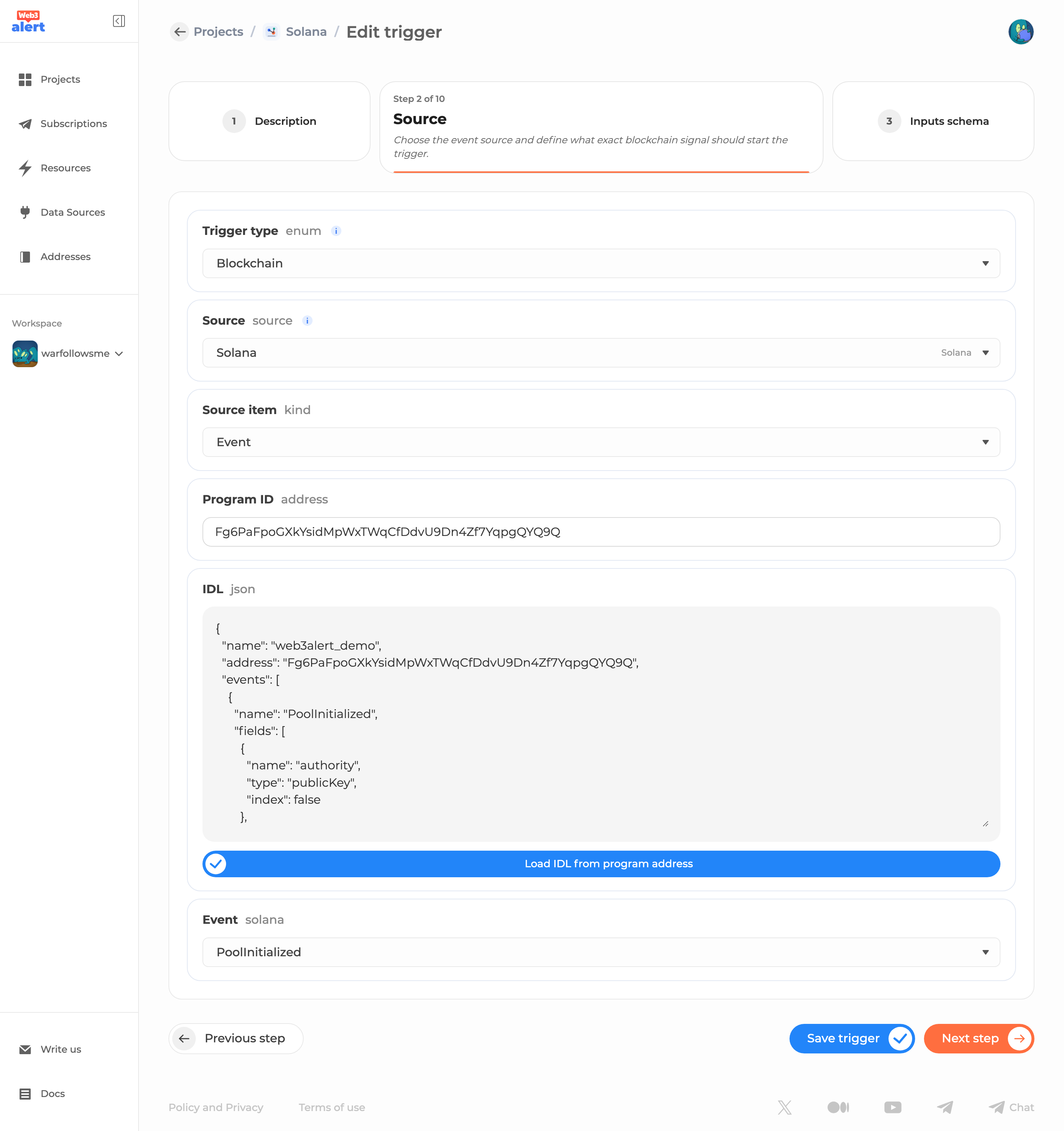 Imported Solana trigger source settings