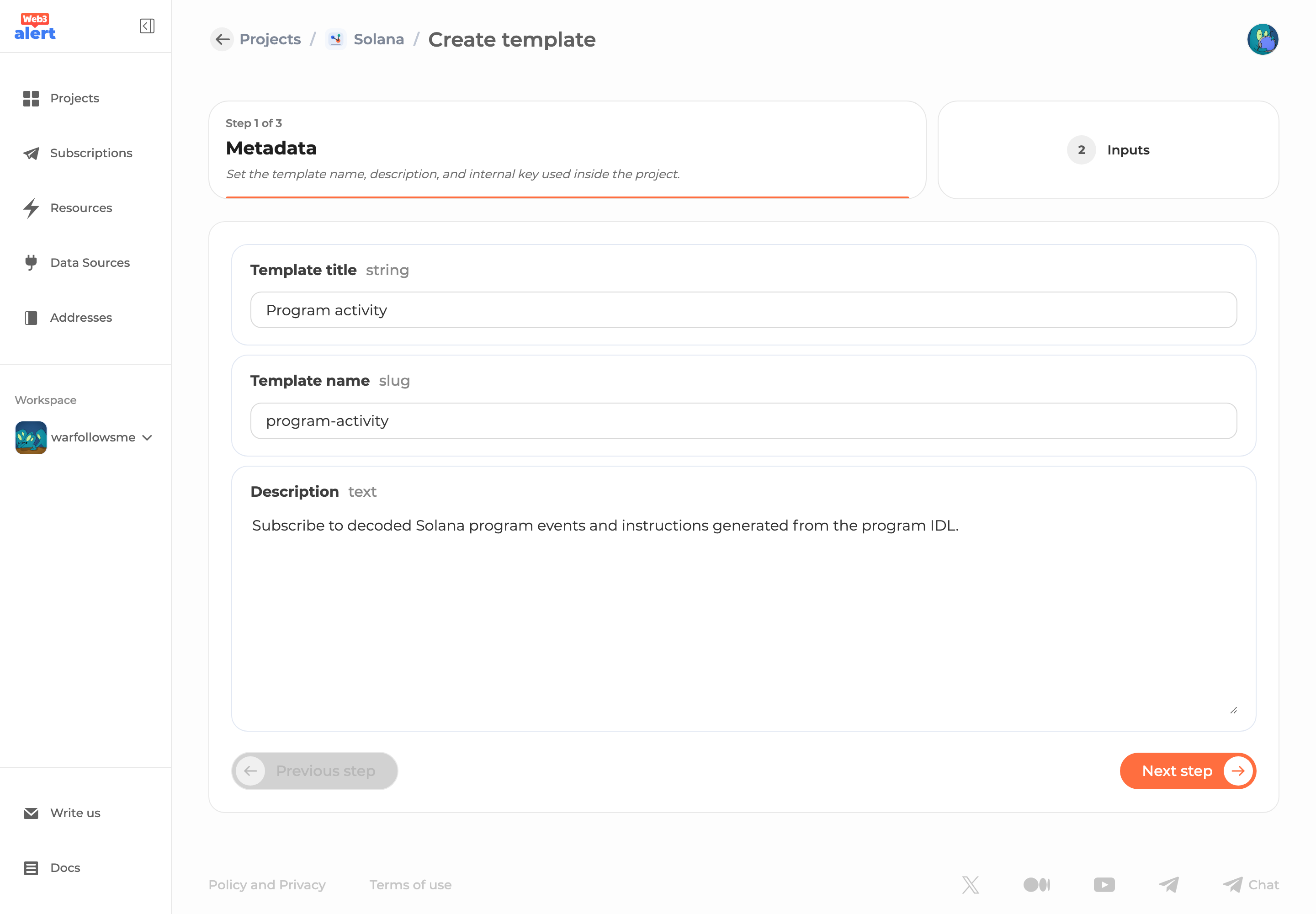 Solana template creation form